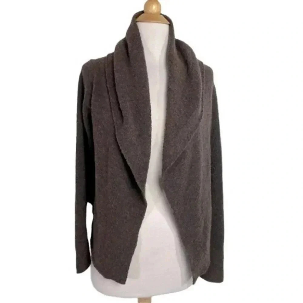 Eileen Fisher S brown wool blend hooded open shawl collar cardigan sweater